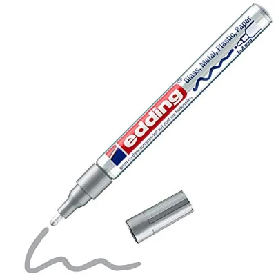 Image of edding 751 gloss paint marker silver pack of 1 round nib 2 mm pen for glass, pebbles, wood, plastic, paper waterproof, high coverage