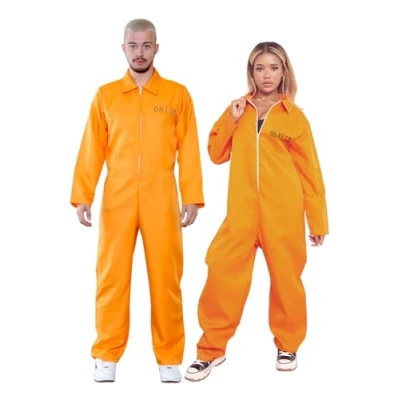 Image of WickedFun® Adult orange Prisoners overall jumpsuit Boiler Suit Convict Prison Inmate Halloween Fancy Dress Costume Outfit (Orange, Medium)