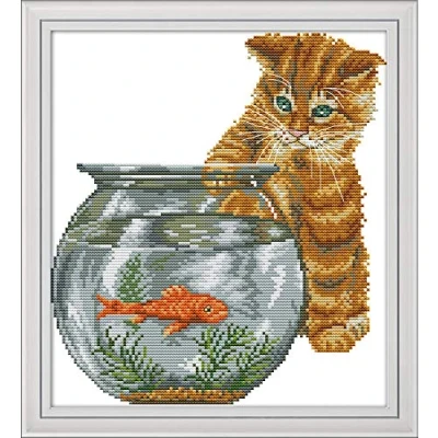 Image of Cross Stitch Kits, Cat and Fish Animals,Fish Tank Awesocrafts Easy Patterns Stitching Embroidery Kit Supplies Christmas Gifts, Counted (Cat, Counted)