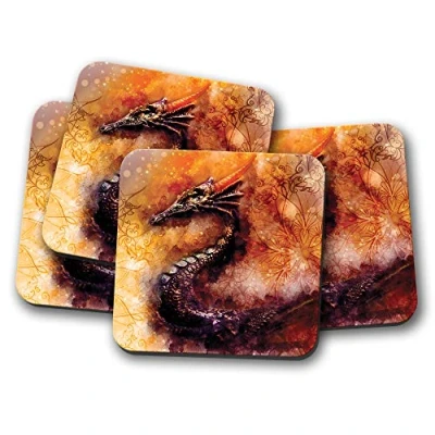 Image of 4 Set Beautiful Dragon Coaster Dragons Mythical Medieval Chinese #13273