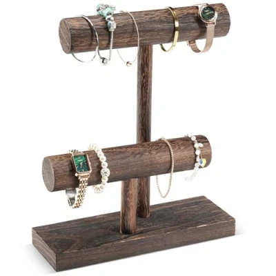 Image of ProCase Bracelet Holder Display Organiser, Wooden Stand for Selling, T bar Bangle Storage Rack Wood Watch Tower Business 2 Tier, Dark Brown