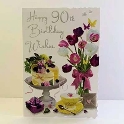 Image of Jonny Javelin Female Age 90 90th Birthday Wishes to You Card Cake Flowers Tea Cup