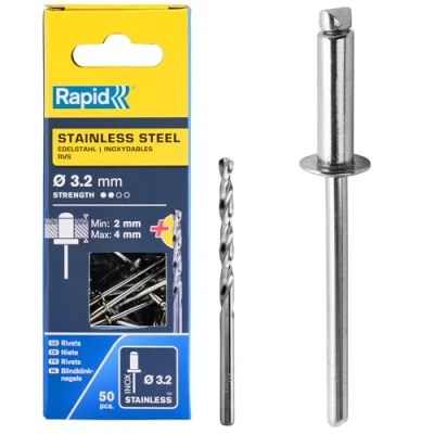Image of Rapid Rivets Stainless Steel Including Drill Bit, 3.2 x 8 mm, 5000393 50 Pieces