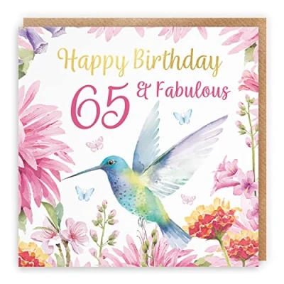 Image of Hunts England Hummingbird 65th Birthday Card For Her With Gold Foil Pretty Flowers Milo&#039;s Gallery Age 65 Sixty Five Female Year Old Women&#039;s