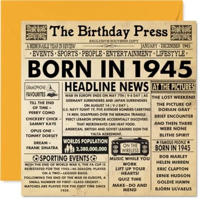 Image of 79th Birthday Cards for Men Women Born In 1945 Newspaper Happy 79 Card Grandad Grandma Nan Vintage Retro Back 1945, 145mm x Seventy Nine Ninth Bday Greeting