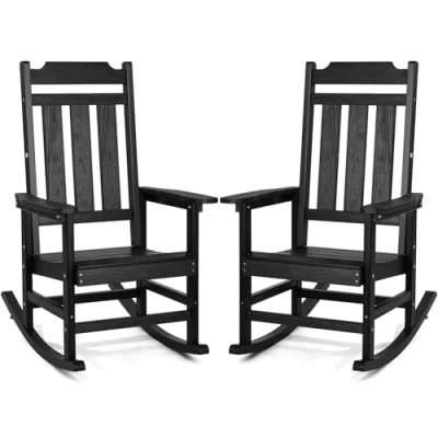 Image of VEVOR 2 Pcs Porch Rocker, HIPS Outdoor Rocking Chair, High Back Patio Chair with Smooth Armrests, Supports up to 400 lbs, for Garden, Balcony, Porch, Black