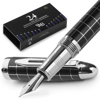 Image of Wordsworth &amp; Black Majesti Fountain Pen (Checked), Luxury Case, Chrome Finish; Fine Nib Ink Cartridges, Refillable Converter Calligraphy Best Business Gift Set for Men Women