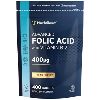 Image of Folic Acid Tablets 400ug 400 Count Super Strength Vegan Supplement with Vitamin B12 Methylcobalamin No Artificial Preservatives by Horbaach