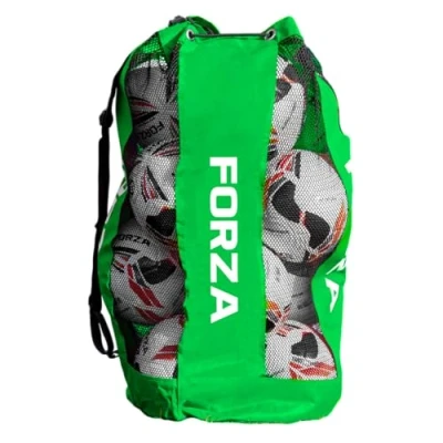 Image of FORZA Premier Ball Carry Bag Drawstring Football, Basketball, Netball &amp; Volleyball Mesh 5 Colour Options Heavy Duty Equipment Holdall 12 Capacity (Green)