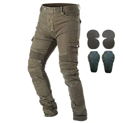 Image of Men Motorcycle Riding Protective Pants Denim Jeans with Armor 4 X Knee Hip Pads (Army Green, S=28)