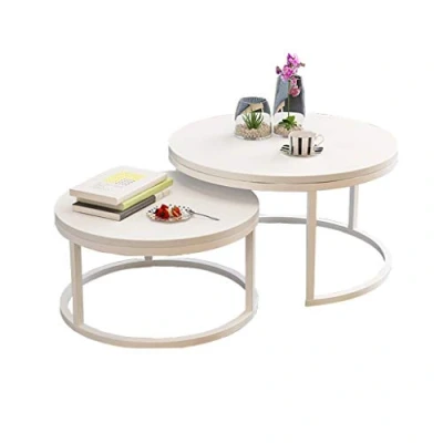 Image of Modern Round Nesting Tables Set of 2, Sofa Coffee for Living Room Round, End White Wood