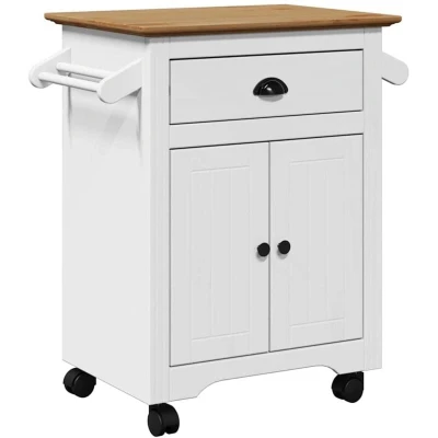 Image of vidaxl kitchen trolley/serving cart white/brown solid pinewood &amp; engineered wood 72x45x80 cm dining/kitchen storage organizer with wheels handles ample space 2 doors/1 drawer mobile