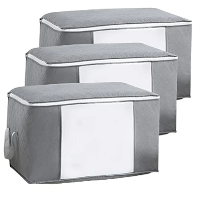 Image of Large Clothes Storage Bags with Zips, 3pcs Duvet Bag Thick Breathable Fabric Clear Windows for Clothing Quilt Bedding (Grey, 60x35x40 cm)