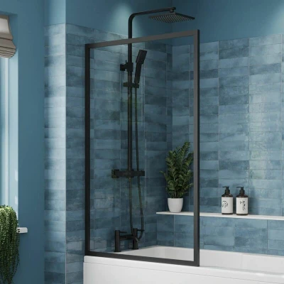 Image of Luxura Square Fixed Bath Shower Screen 800mm Matt Black 6mm