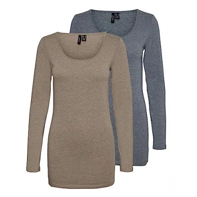 Image of VERO MODA Women&#039;s Long Sleeved Blouse, Pack of 2, Blue/Brown (1 x Ombre Blue Melange / 1 Walnut Melange), Large