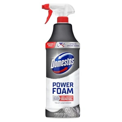 Image of Domestos Power Foam limescale Remover toilet &amp; bathroom Cleaner spray disinfectant that sprays upside down for 100% and soap scum removal inside the around 650 ml