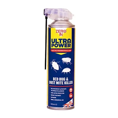Image of Zero In Ultra Power Bed Bug &amp; Dustmite Killer 500 ml Dual Action Aerosol Indoor Use Fast Acting Kills Bugs on Contact and Prevents the Spread of Allergens