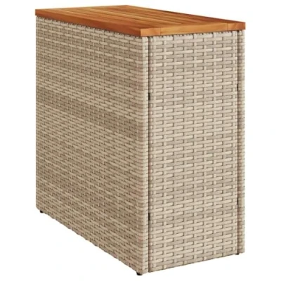 Image of vidaXL Garden Side Table with Wooden Top in Beige Poly Rattan Durable and Weather Resistant for Patio, Backyard Use
