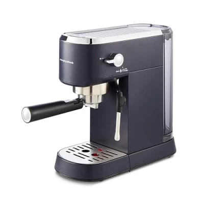 Image of Morphy Richards Signature Compact Espresso Maker, Ground Coffee, Dual Cup, Illuminated Buttons, 1L Water tank, Steam Control, Milk Frother Wand, includes Tamper, Spoon, Stainless Steel, Blue, 172025