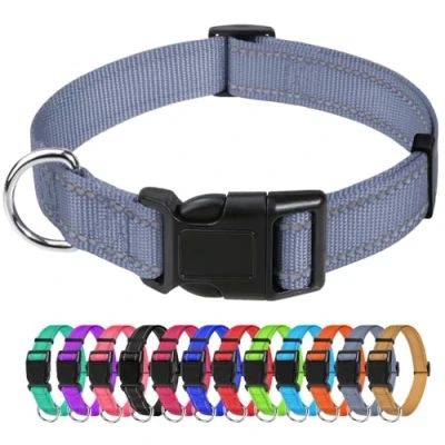 Image of TagMe Reflective Nylon Dog Collars, Adjustable Classic Collar with Quick Release Buckle for Medium Dogs, Grey, 2.5 cm Width