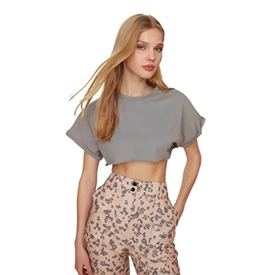 Image of Trendyol Woman Young Relaxed fit Basic Crew Neck Knit T Shirts Grau