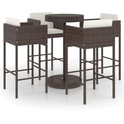 Image of vidaXL 5 Piece Garden Bar Set with Cushions Poly Rattan Brown