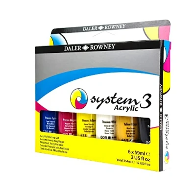 Image of Daler Rowney System3 59ml Acrylic Paint Process Set, 6 x Assorted Vibrant Colours, Multi Surface, Ideal for Professional Artists &amp; Students