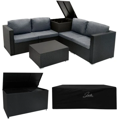 Image of Rattan Garden Furniture Modular 6 Piece Set &amp; 2 Storage Boxes 996L 250L Black 4 Seater Sofa Sectional Chairs With Cushions Table Waterproof Lining Chest Gas Lift Lid Wheels Outdoor Rain Cover