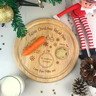 Image of eBuyGB Personalised Xmas Eve Plate, Father Christmas Refuel Here, Mince Pie for Santa, Carrot Rudolph &amp; Reindeers, Wooden Treat Board Snack Tray