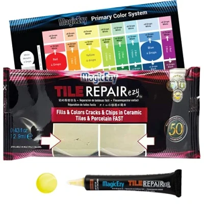 Image of MagicEzy Tile RepairEzy (Yellow) Ceramic Chip Repair Filler Porcelain Crack Kit Gap Putty Bathroom Floor Tiles, Counter Tops Wall Touch Up Pen