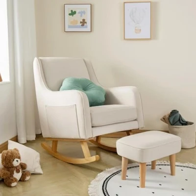 Image of Babymore Ida Nursing Chair With Footstool in Ivory Elegant Rocking for Timeless Comfort Sturdy Wooden Legs, Gentle Motion, Supportive Back, Soft Fabric &amp; Stylish Armrests