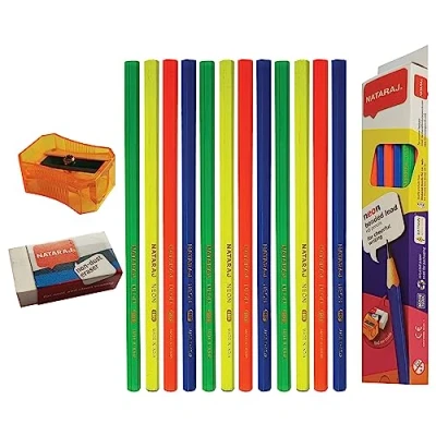 Image of Nataraj Neon Bonded Lead HB Pencils PACK OF 12 WITH CLASSIC ERASER AND SHARPENER