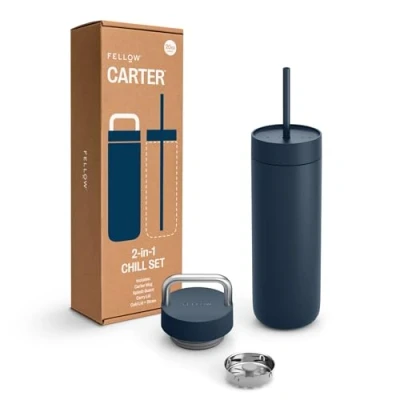 Image of Fellow 20 oz Carter Water Bottle with 2 Lids Leak Proof Lid Metal Handle Cold Straw Ceramic Interior &amp; Vacuum Insulated Stainless Steel Stone Blue
