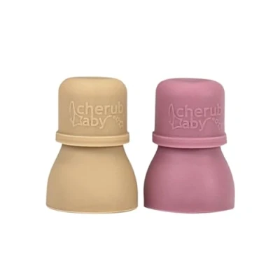 Image of Cherub Baby Silicone Reusable Food Pouch Topper Attachment Soft Non Spill Spouts 2PK with Travel Case (Dusty Rose/Sand)