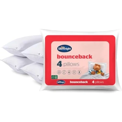 Image of Silentnight Luxury Bouceback Pillows 4 Pack Soft Medium Support for Back and Side Sleepers with Bouncy Fibres Stitched Edge Long Lasting Comfort Style of 4,White