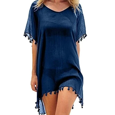 Image of Women Beach Dress Bikini Cover Ups Beachwear Swimsuit Up Summer Casual Swimwear for Boho Bathing Suit Sarong (Navy Blue)