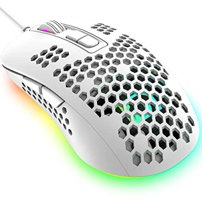 Image of KUIYN 383 Ultralight Wired Gaming Mouse, Lightweight Honeycomb Shell, 4 RGB Breathing Backlit Mice, Adjustable DPI 2400, USB Optical Computer Mice for Win10/XP/Xbox/PS4/PS5/Mac/Air/HP/Acer (White)