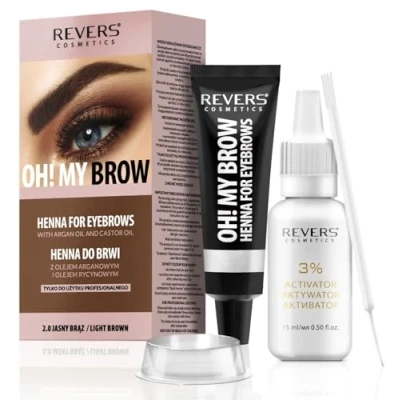 Image of REVERS COSMETICS Eyebrow Dye Kit Light Brown Ammonia Free, Brow Tint with Argan Oil and Castor Oil, Salon Quality, Natural Result, Lasts Up to 4 Weeks, 15 Applications
