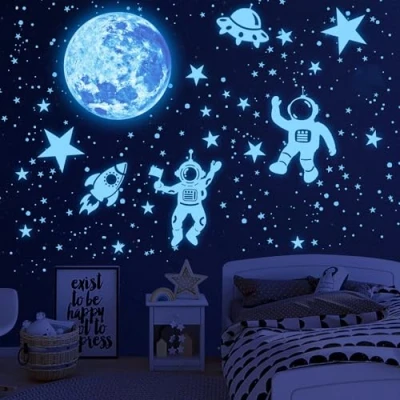 Image of Glow in The Dark Stars Stickers, Moon for Ceiling Space Wall Stickers Planets Solar System Galaxy Decals Kids Boys Girls Bedroom Living Room Nursery Blue…