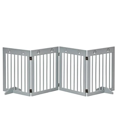 Image of PawHut Freestanding Pet Gate 4 Panel Wooden Dog Barrier Folding Safety Fence with Support Feet up to 204cm Long 61cm Tall for Doorway Stairs Light Grey