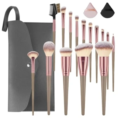 Image of Vicloon Makeup Brushes, 15Pcs Professional Brushes Set with PU Leather Bag, 2pcs Powder puff (cosmetics), Premium Synthetic Foundation Face Concealers Eyeshadow Blush, Comfortable Coffee