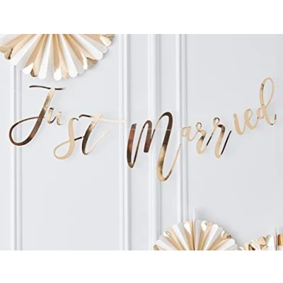 Image of Ginger Ray Gold Foiled Just Married Scripted Hanging Banner Bunting Wedding Decoration