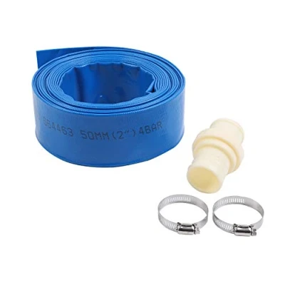 Image of KATSU Layflat Discharge Hose Pipe 10m x 50mm 2 Inch Diameter with Clips and Quick Coupler Connector, Fits Submersible &amp; other Water Pumps for Draining Pond, Garden Irrigation, Hot Tub, Swimming Pool