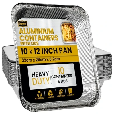 Image of Superior Foil Containers with Lids Pack of 10 Sturdy Durable Spacious Trays Aluminium 10x 12 Inch Leak Proof Tray for Cooking Baking BBQ Meal Prep Storage