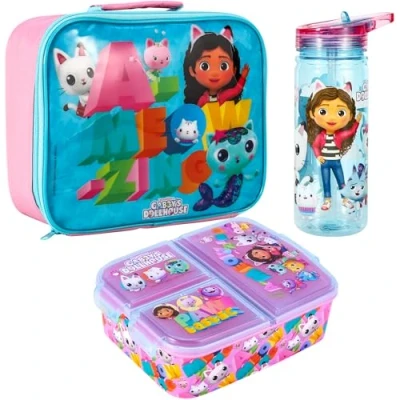 Image of Zawadi Global Gabby&#039;s Dollhouse Kids Childrens Lunch Box Set Insulated Bag, Multicompartment &amp; 580ml Water Bottle School Travel Food Set, BPA Free