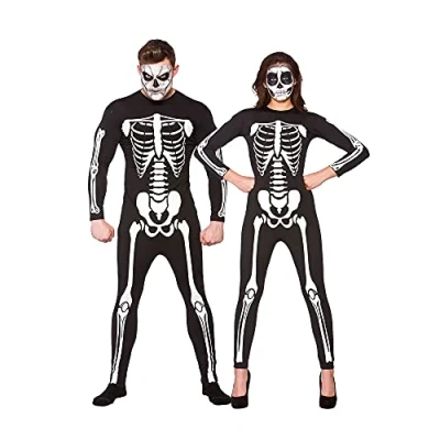 Image of Adult Unisex Skeleton Jumpsuit Fancy Dress Up Party Halloween Costume, Black, S