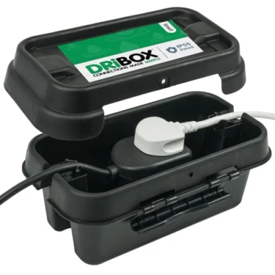 Image of DRiBOX Small IP55 Weatherproof Outdoor Electrical Connection Box 25.5 x 14.1 10.2cm Power Cord Enclosure for Christmas Lights, Timers, Extension Cables, Leads, Reels, Transformers (Small, Black)