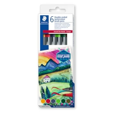 Image of STAEDTLER 3001 C6 1 Design Journey Watercolour Brush Pens Around the World Series Europe (Pack of 6 Assorted Colours)