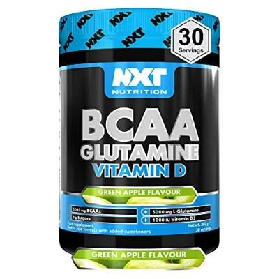 Image of NXT Nutrition BCAA, Glutamine &amp; Vitamin D BCAAs Amino Acids with D3 and L for Recovery, Gut Health Muscle Protein Synthesis 360g 30 Servings (Apple)