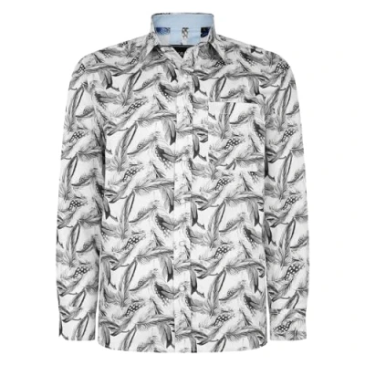 Image of KAM Feather Print Shirt Long Sleeve Button Up Collared White Plus Size Mens 2XL 8XL 6050LS (UK, Alpha, 5XL, Plus, Regular)